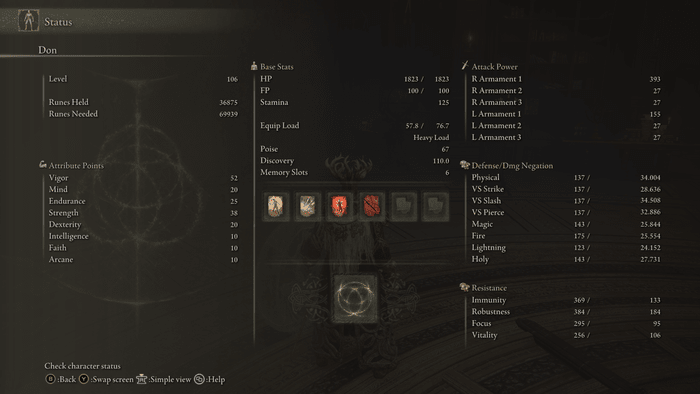 Elden Ring Stat Screen.