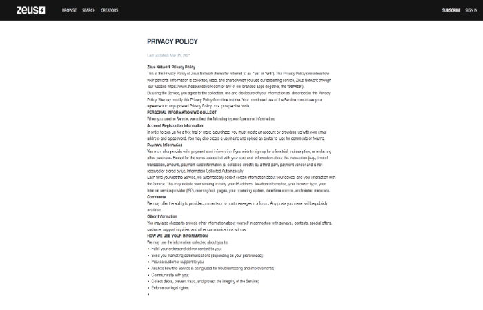 Zeus Network Privacy